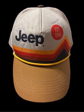 Retro Jeep Trucker Hat with Yellow, Orange and Red Stripes Adjustable Back NWOT